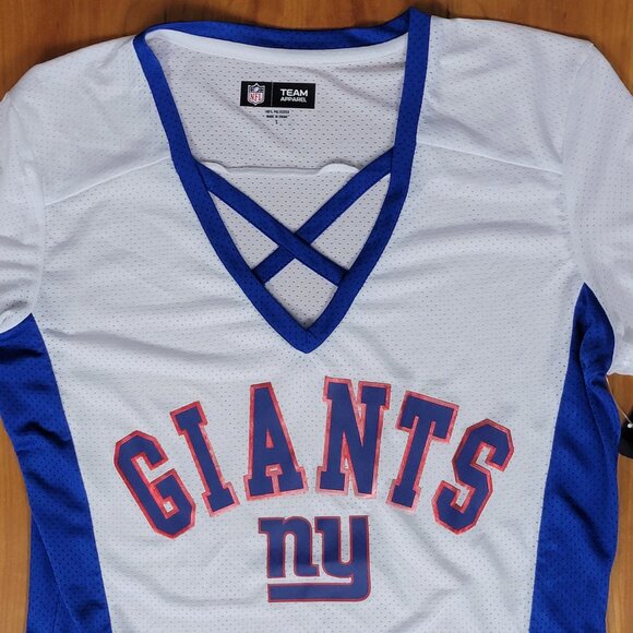 NWT Women's White Blue Criss-Cross NY Giants Football Mesh Tee - S - Picture 4 of 12